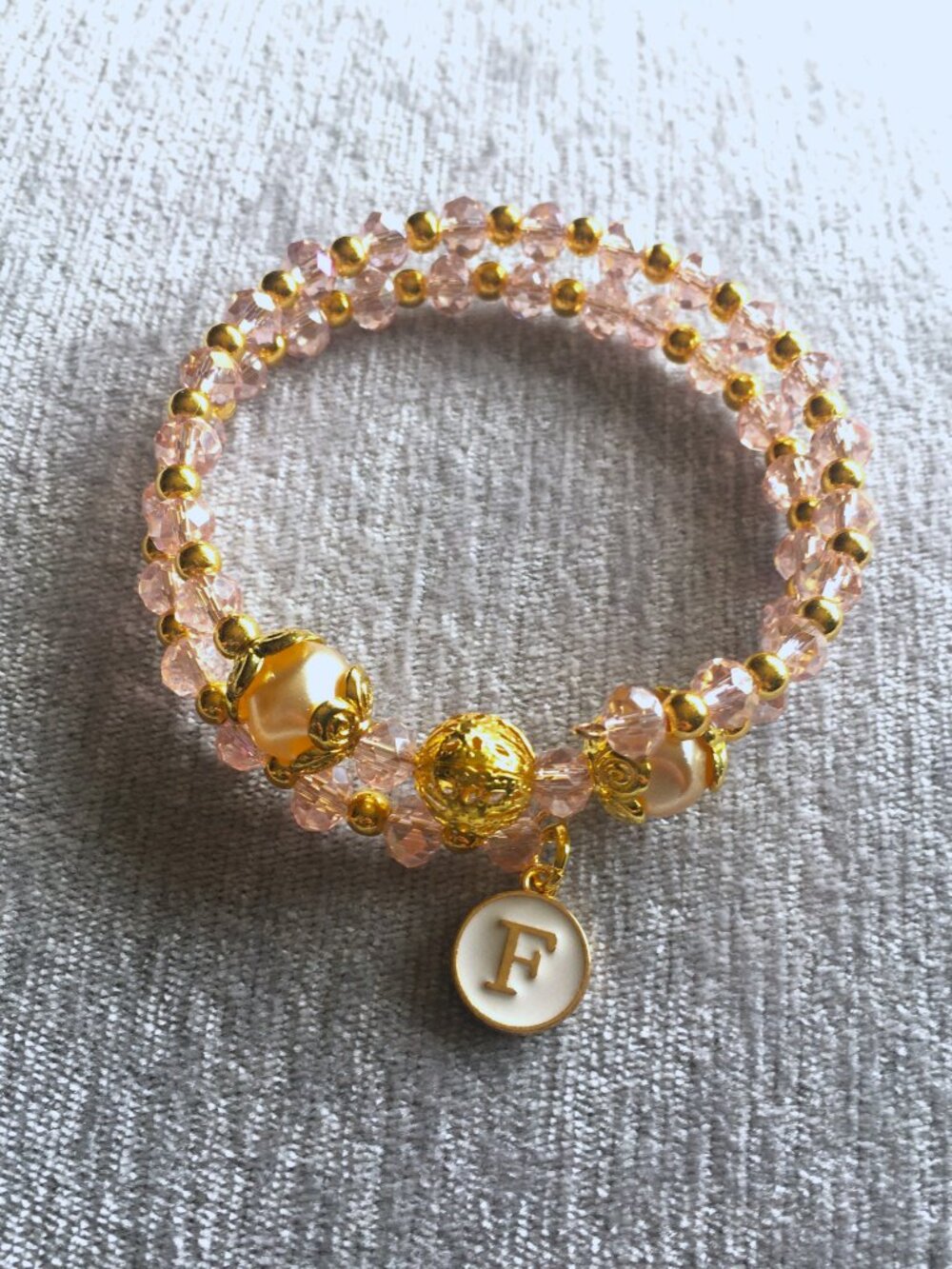 Double Wrap Memory Wire Bracelet • Pink & Gold • Choose Your Initial Charm